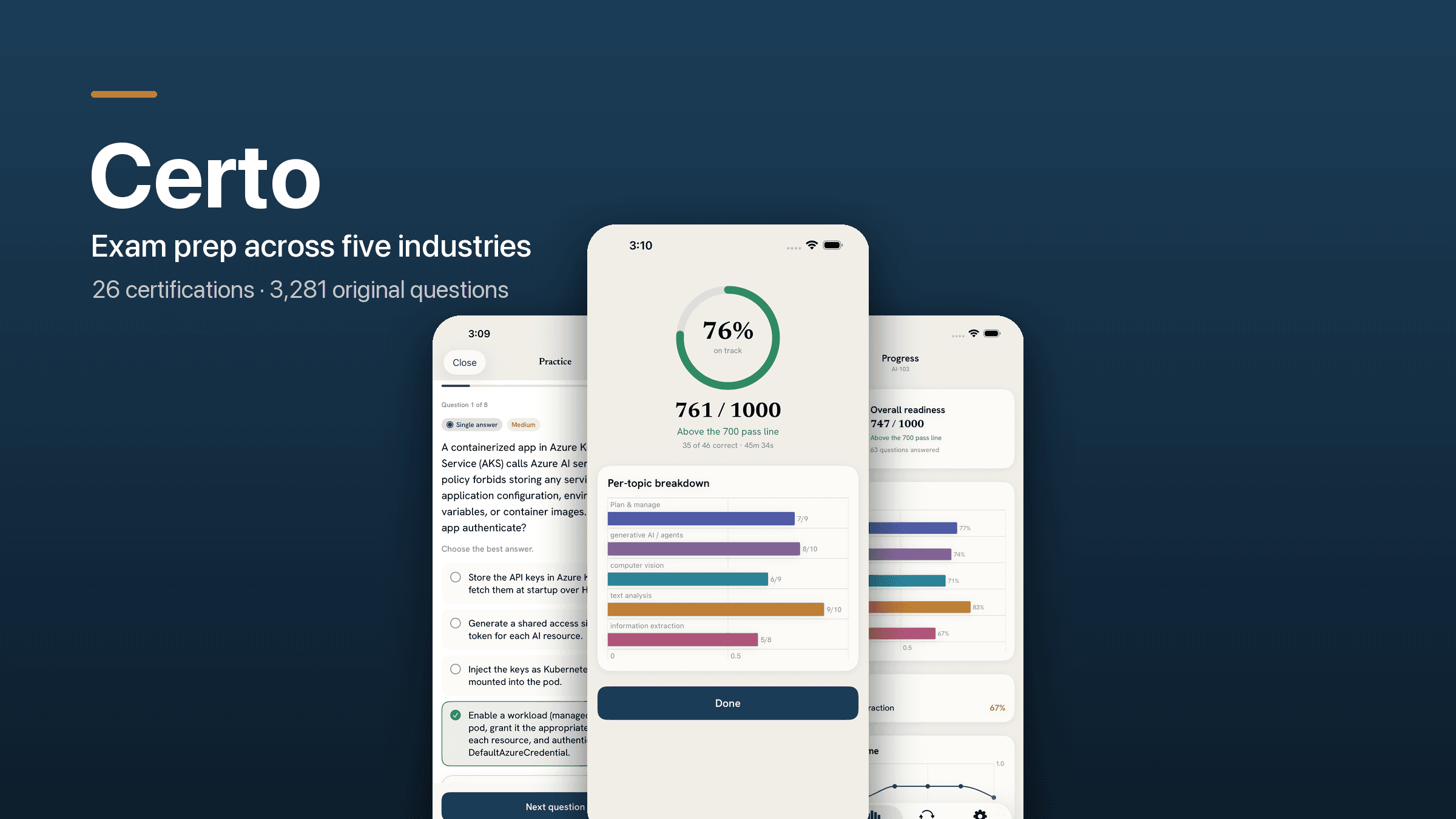 Certo — hero: three app screens (a graded question, the scaled-score mock result, and the readiness dashboard) on the brand navy