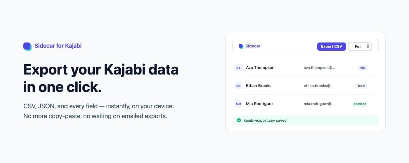 Sidecar for Kajabi — product banner: export your Kajabi data in one click