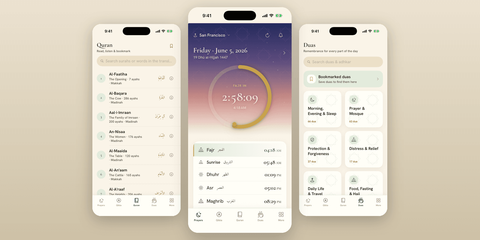 Misbah app hero — Quran, Home prayer-countdown, and Duas (3-up composite)